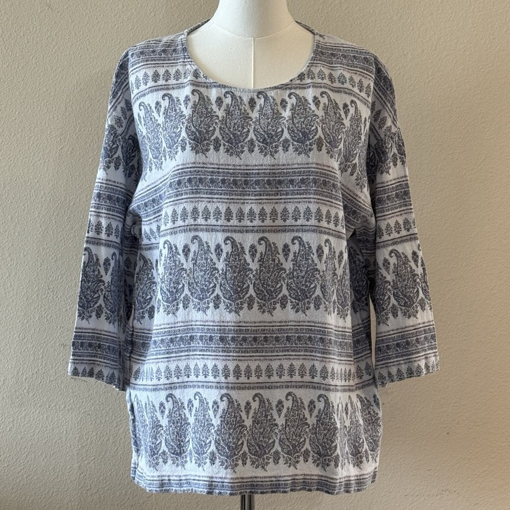 Boho Paisley Border Tunic Top Pure Jill Women's M Hemp Cotton Blue Gray